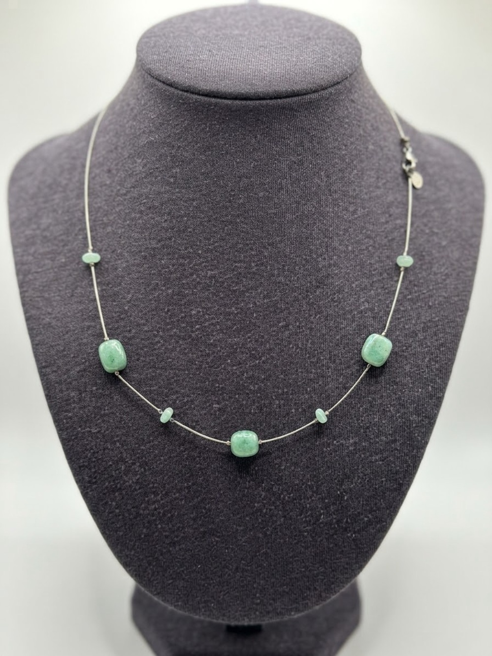 Sterling Silver Green Aventurine Beaded Station Necklace with Wire Cord